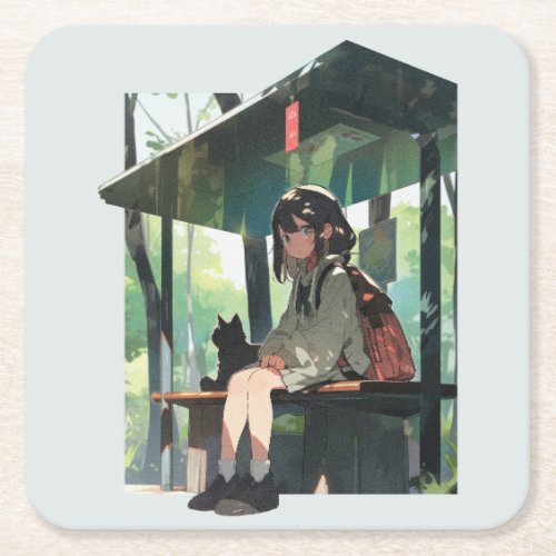 Anime girl bus stop design square paper coaster