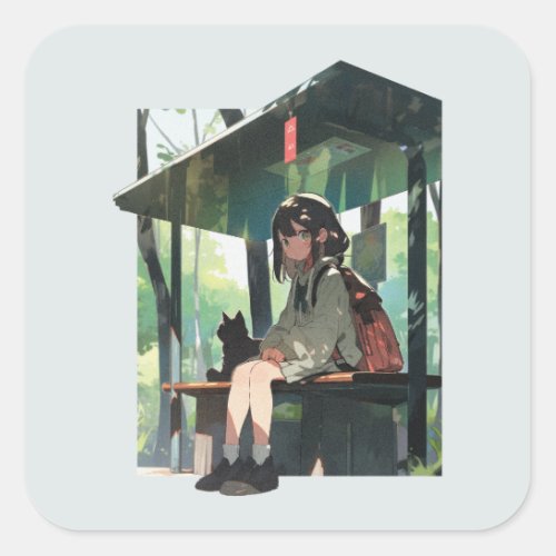 Anime girl bus stop design square sticker