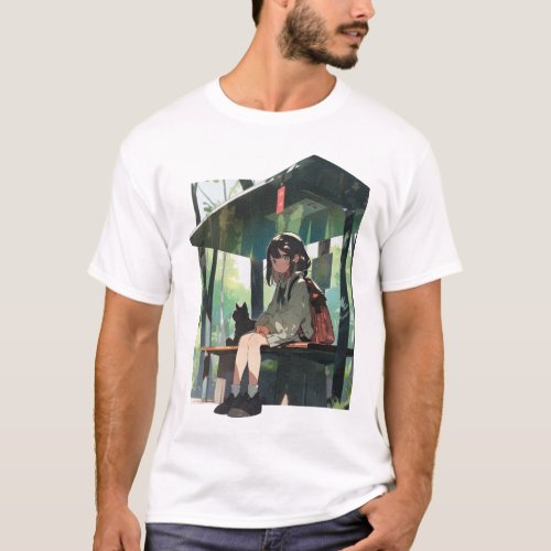 Anime girl bus stop design T_Shirt