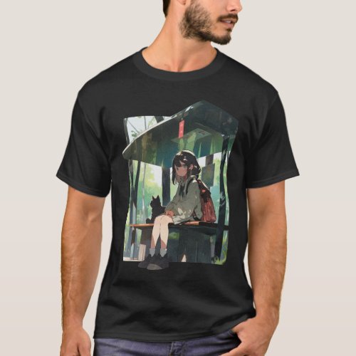 Anime girl bus stop design T_Shirt