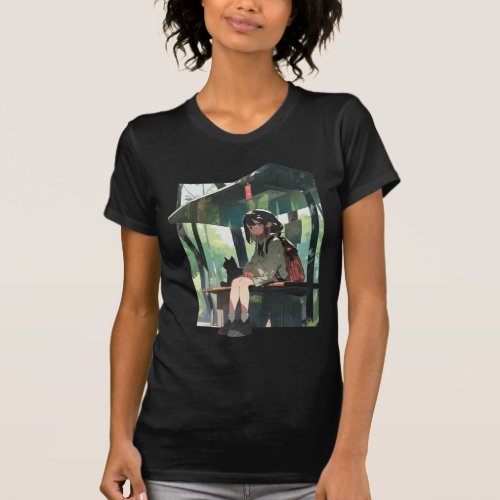 Anime girl bus stop design T_Shirt