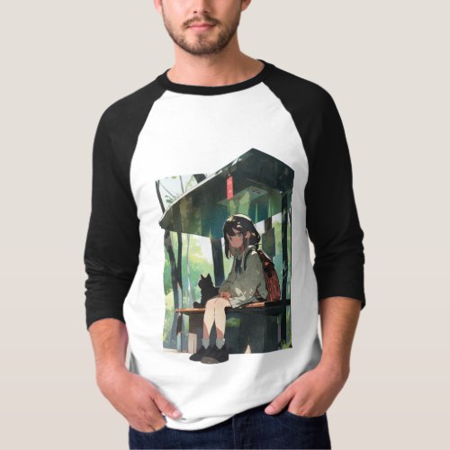 Anime girl bus stop design T_Shirt