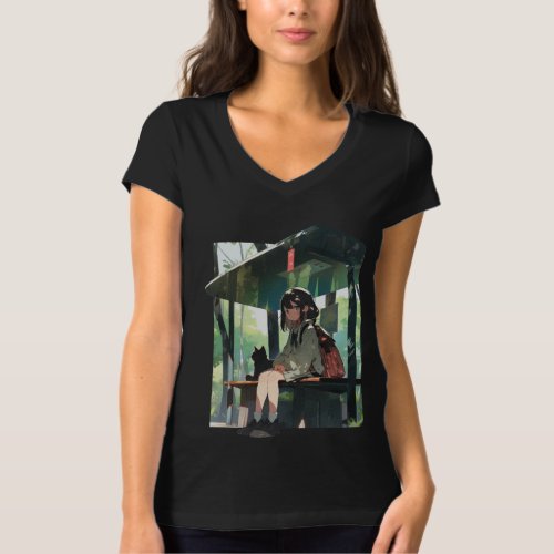 Anime girl bus stop design T_Shirt