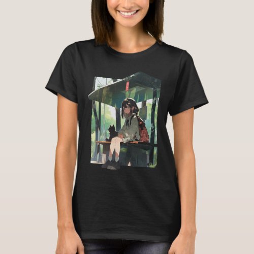 Anime girl bus stop design T_Shirt