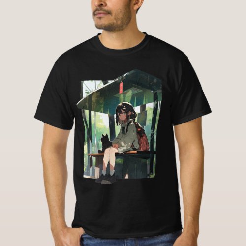 Anime girl bus stop design T_Shirt