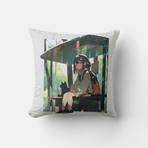 Anime girl bus stop design throw pillow