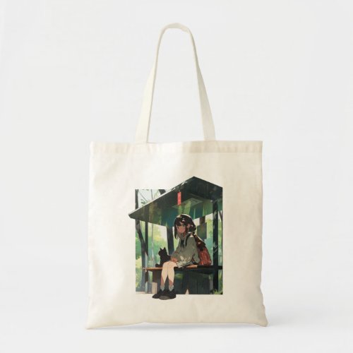 Anime girl bus stop design tote bag