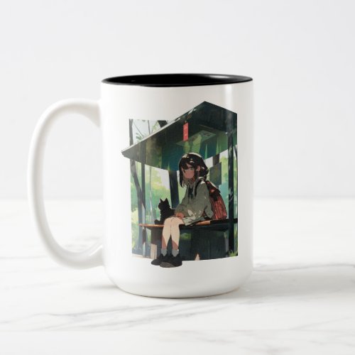 Anime girl bus stop design Two_Tone coffee mug