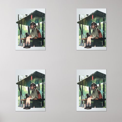 Anime girl bus stop design wall art sets