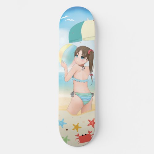 Anime girl cartoon characters on the beach skateboard