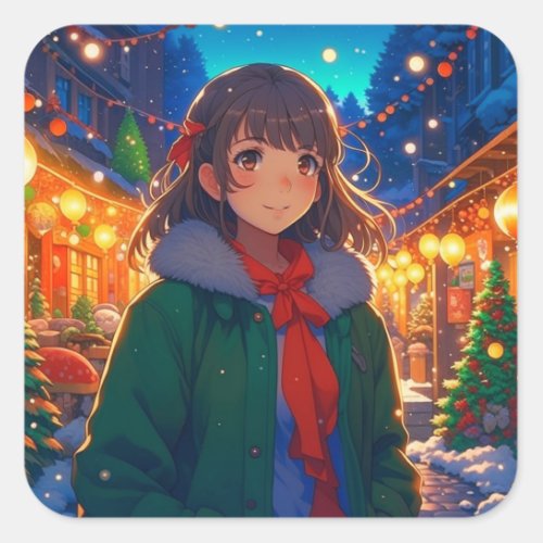 Anime Girl Christmas Lights  Square Sticker