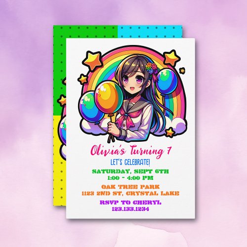 Anime Girl Colorful Pop Art Birthday Invitation