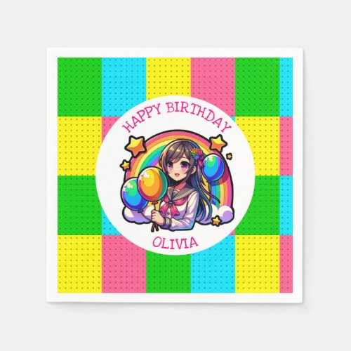 Anime Girl Colorful Pop Art Birthday Personalized Napkins