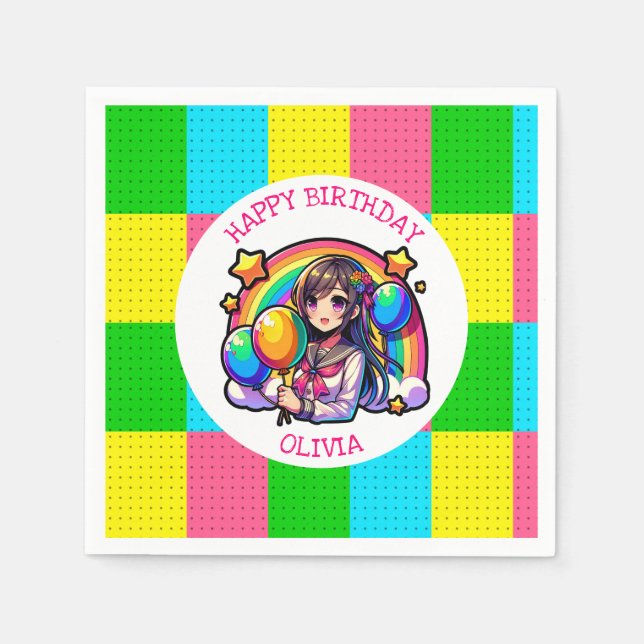 Anime Girl Colorful Pop Art Birthday Personalized Napkins (Front)