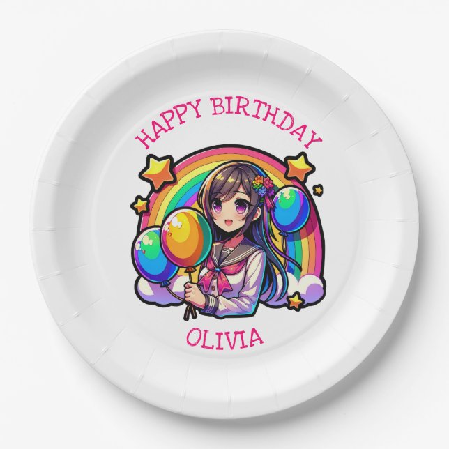 Anime Girl Colorful Pop Art Birthday Personalized Paper Plates (Front)