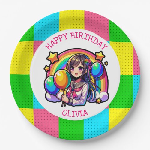 Anime Girl Colorful Pop Art Birthday Personalized Paper Plates