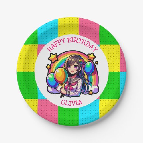 Anime Girl Colorful Pop Art Birthday Personalized Paper Plates