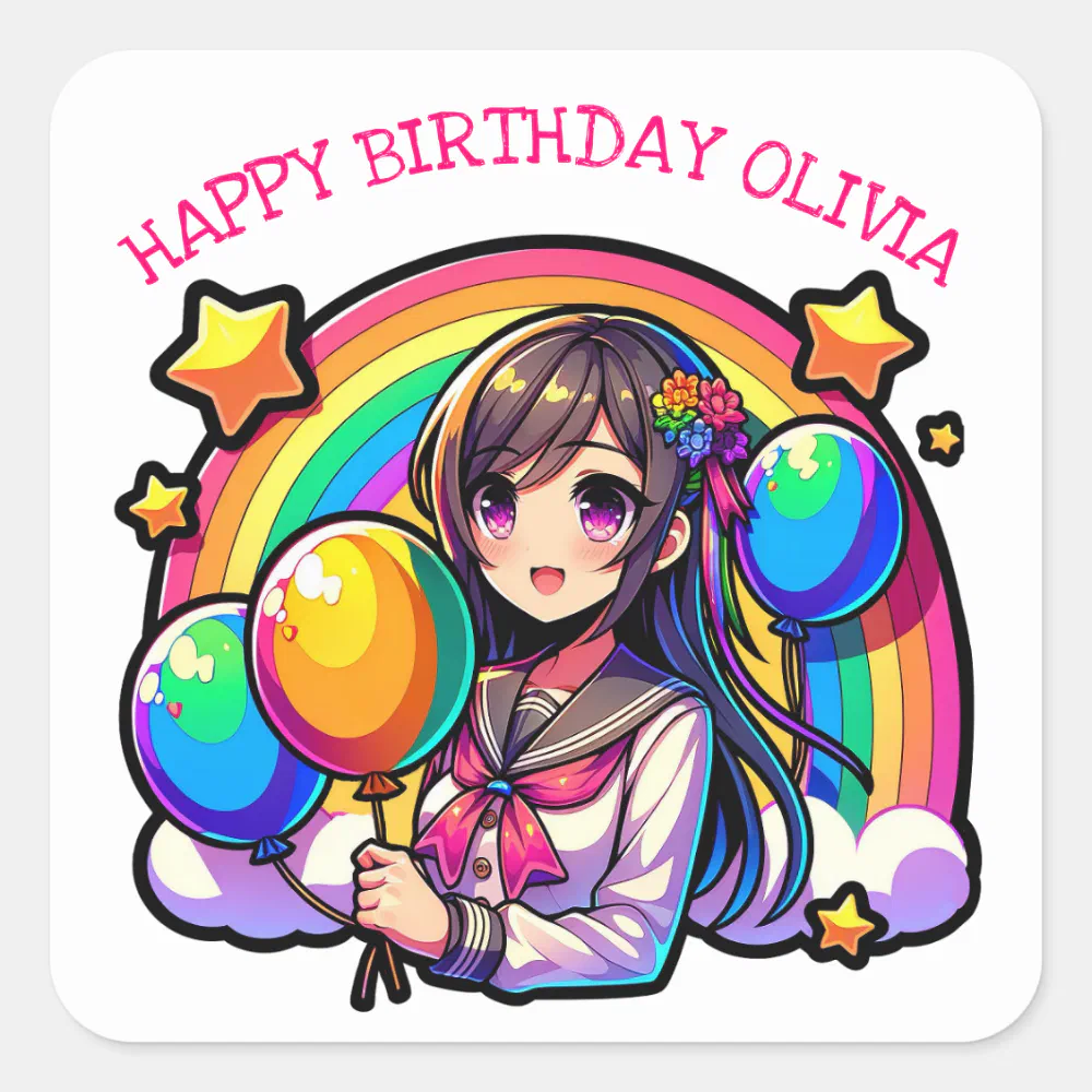 Anime Girl Colorful Pop Art Birthday Personalized Square Sticker