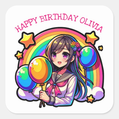 Anime Girl Colorful Pop Art Birthday Personalized Square Sticker