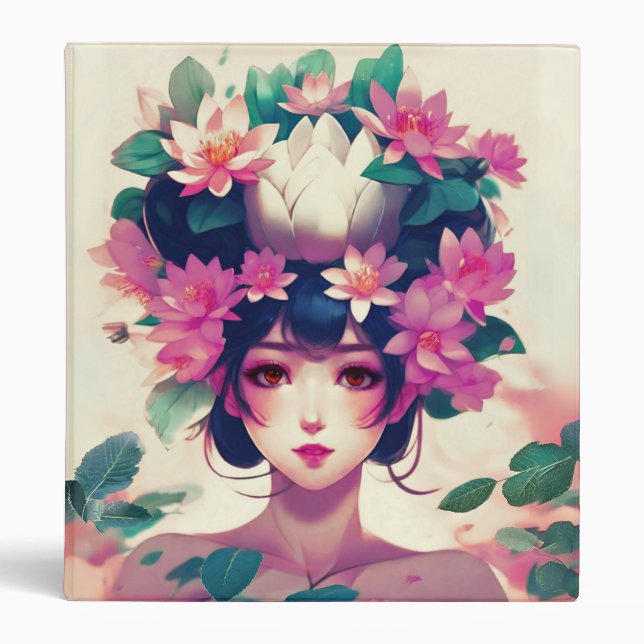 Anime Girl Crowned with Lotus Blossoms 3 Ring Binder (Front)