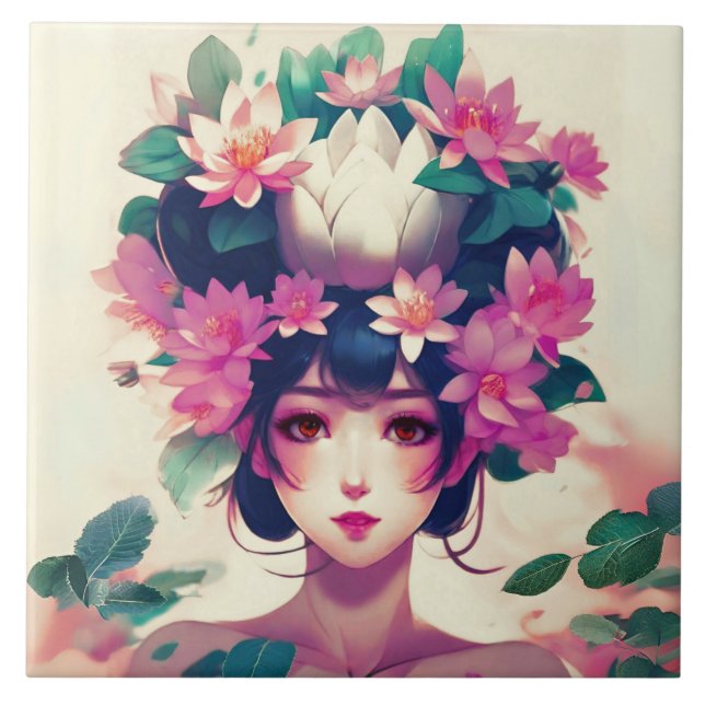 Anime Girl Crowned with Lotus Blossoms Ceramic Tile (Front)