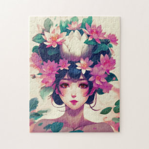 Anime Girl Crowned with Lotus Blossoms Jigsaw Puzzle