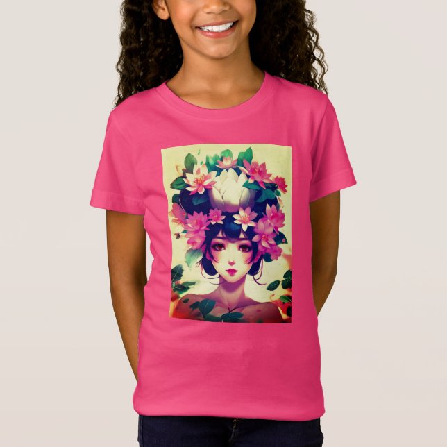 Anime Girl Crowned with Lotus Blossoms T-Shirt (Front)