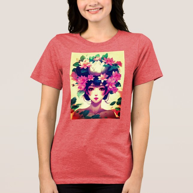 Anime Girl Crowned with Lotus Blossoms Tri-Blend Shirt (Front)