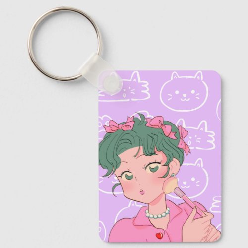 Anime girl doing her makeup cute pretty trending p keychain