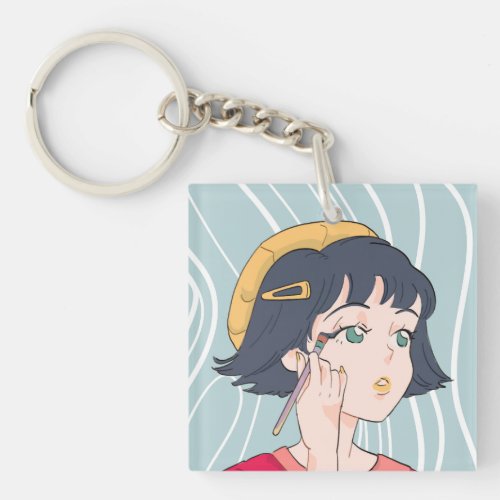 Anime Girl Doing Her Makeup Keychain