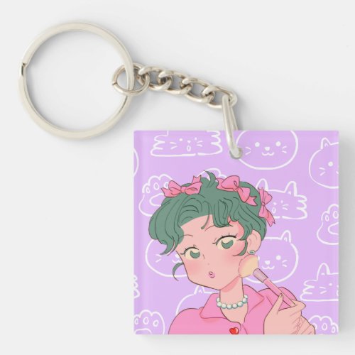 Anime Girl Doing Her Makeup Keychain