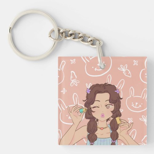 Anime Girl Doing Her Makeup Keychain