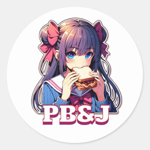 Anime Girl eating a PBJ Sandwich  Classic Round Sticker