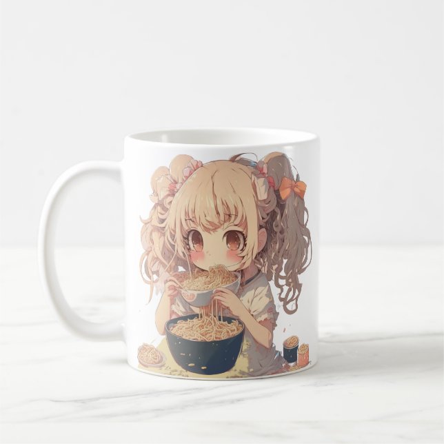 Anime Girl Eating Ramen Noodles Personalized Coffee Mug (Left)