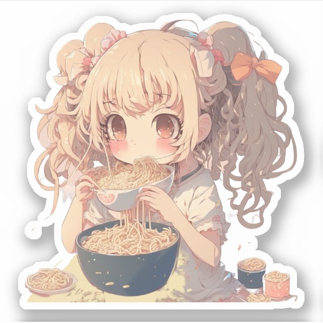 Anime Girl Eating Ramen Noodles Sticker (Front)