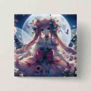 Anime Girl Flower Moon Fairy Button