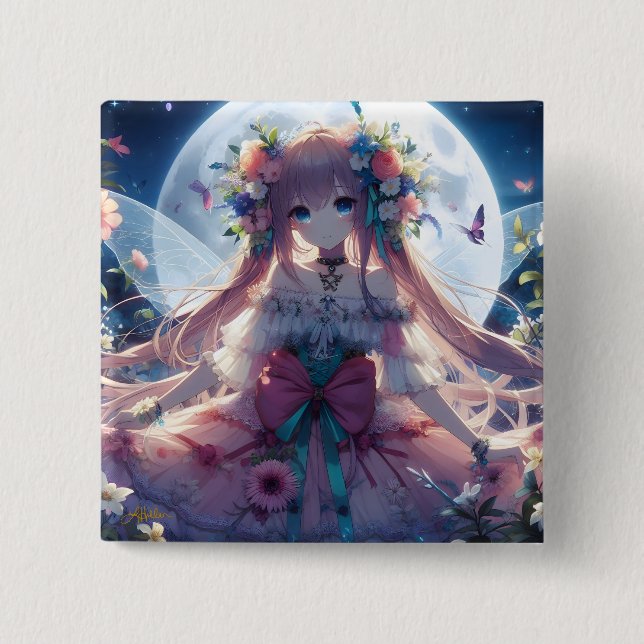 Anime Girl Flower Moon Fairy Button (Front)