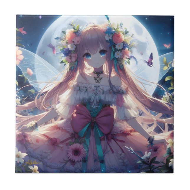 Anime Girl Flower Moon Fairy Ceramic Tile (Front)