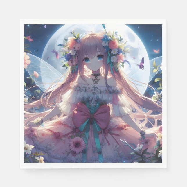 Anime Girl Flower Moon Fairy Napkins (Front)