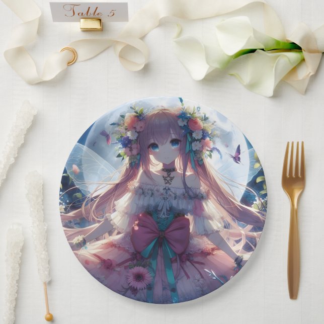 Anime Girl Flower Moon Fairy Paper Plates (Wedding)