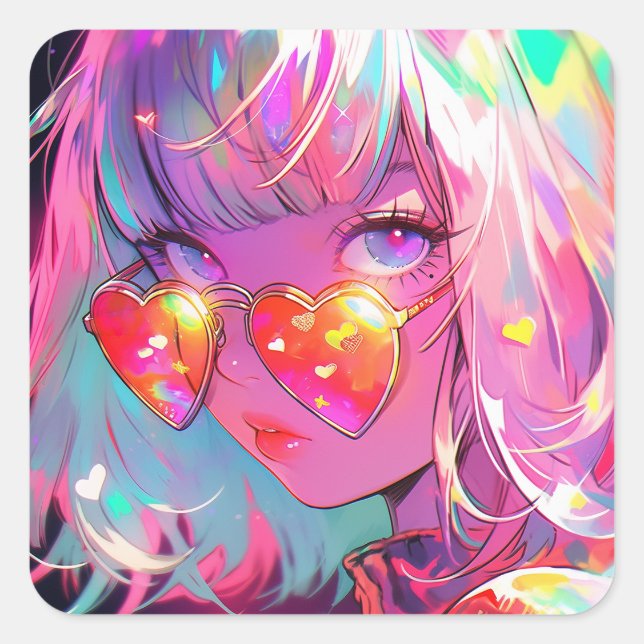 Anime Girl Hearts Square Sticker (Front)
