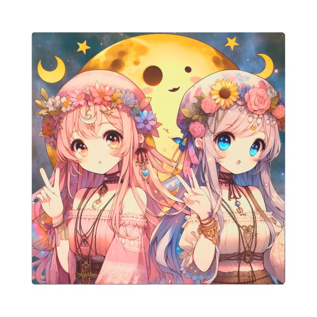 Anime Girl Hippie Moon Girls Giving Peace Sign (Front)