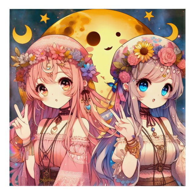 Anime Girl Hippie Moon Girls Giving Peace Sign Acrylic Print (Front)