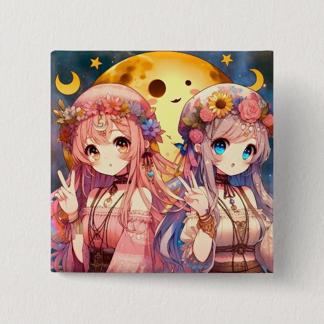 Anime Girl Hippie Moon Girls Giving Peace Sign Button (Front)