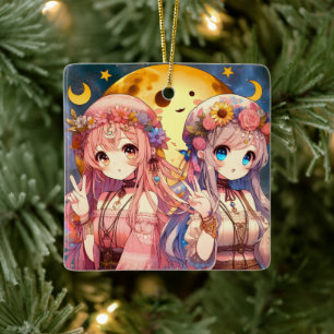 Anime Girl Hippie Moon Girls Giving Peace Sign Ceramic Ornament