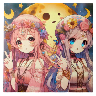 Anime Girl Hippie Moon Girls Giving Peace Sign Ceramic Tile