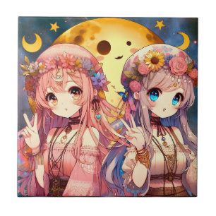Anime Girl Hippie Moon Girls Giving Peace Sign Ceramic Tile
