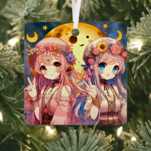 Anime Girl Hippie Moon Girls Giving Peace Sign Metal Ornament
