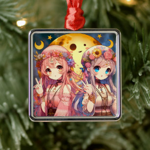 Anime Girl Hippie Moon Girls Giving Peace Sign Metal Ornament