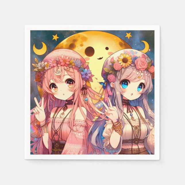 Anime Girl Hippie Moon Girls Giving Peace Sign Napkins (Front)